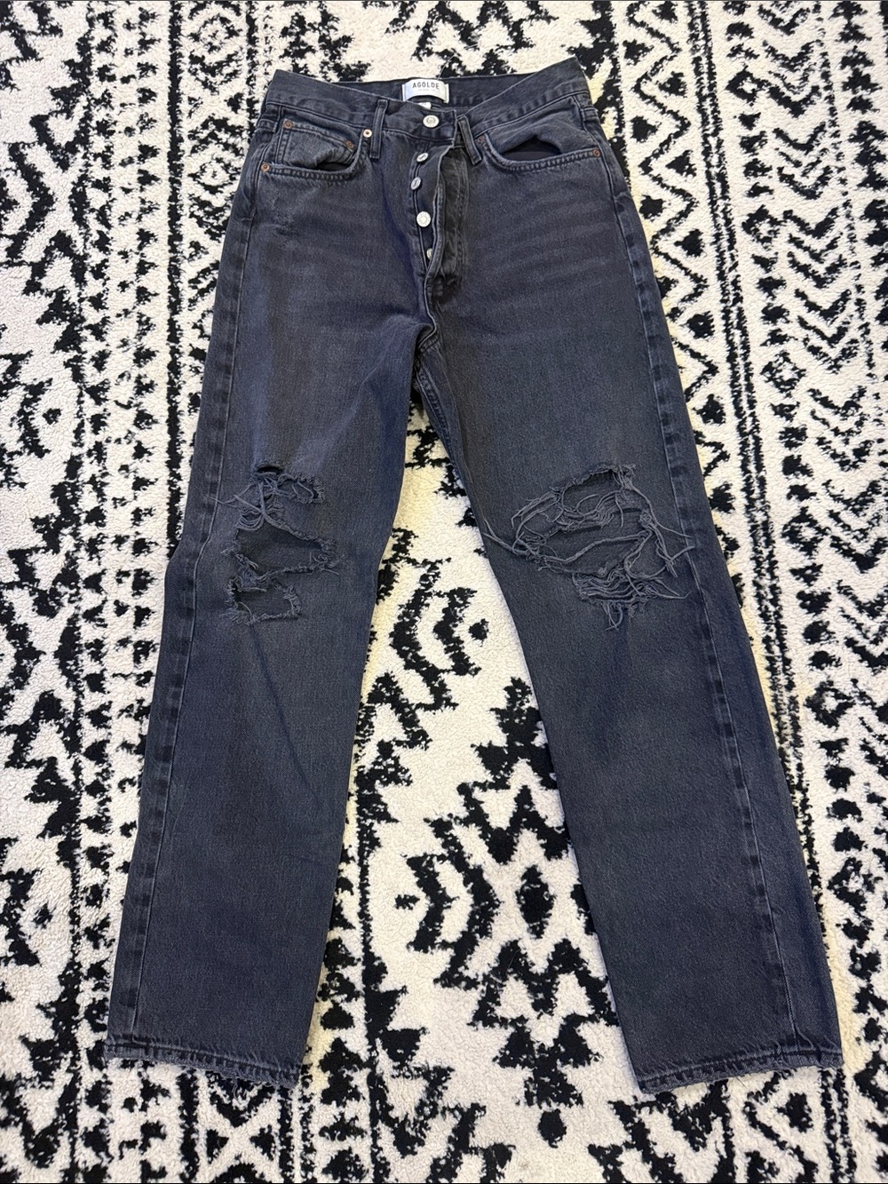 AGOLDE 90s Mid Rise Loose Jeans Vagabond Distressed Black Size 25